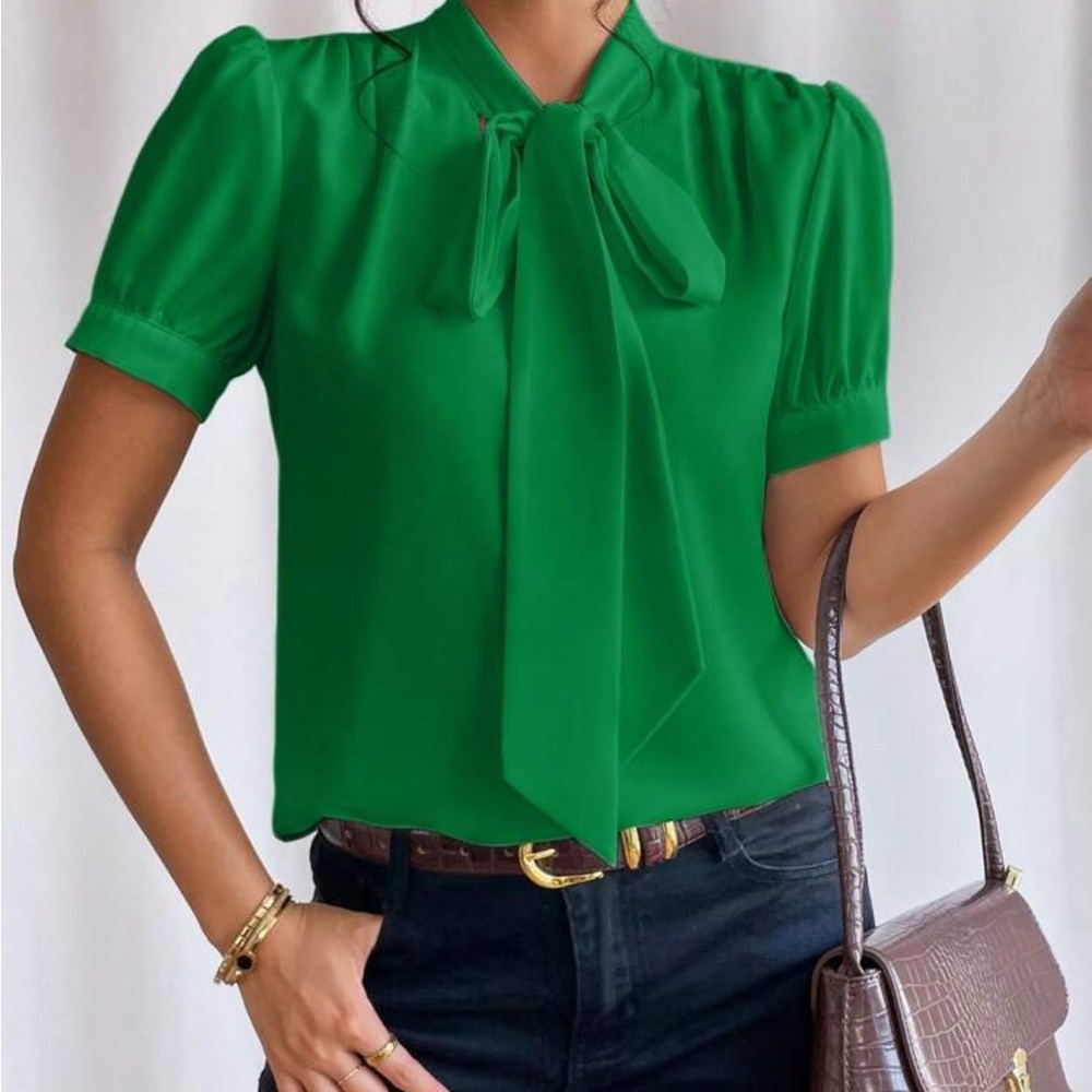 SHEIN Green Puff Sleeve Blouse with Tie Front - NEVER WORN